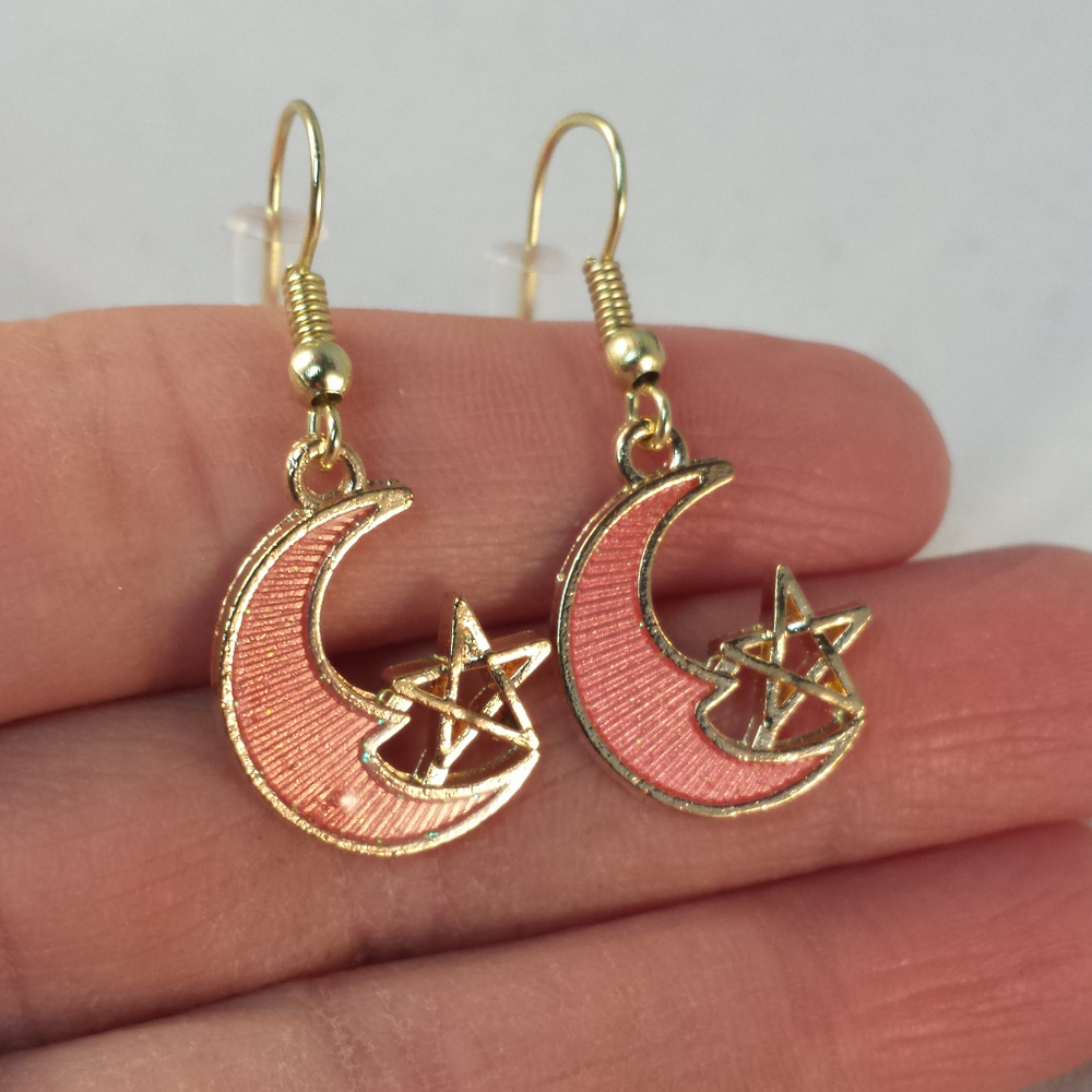 Gold Plated Stars Moon Pink Dangle Earrings Hypoallergenic Women's Party Gift - Picture 2 of 2